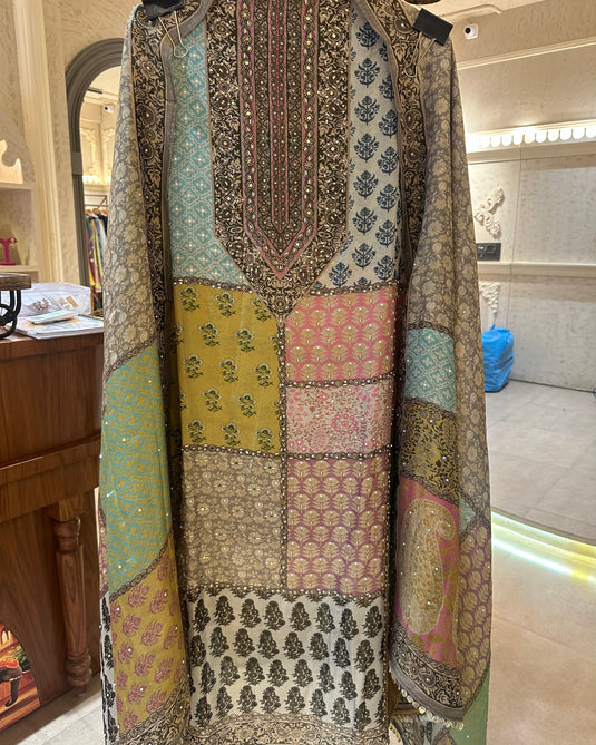 Sabyasachi inspired shimmer crepe suit set with highlights