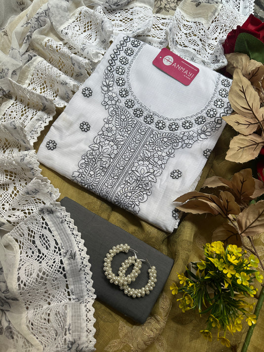 Ivory base chikankari work suit sets with chiffon printed crochet work dupatta
