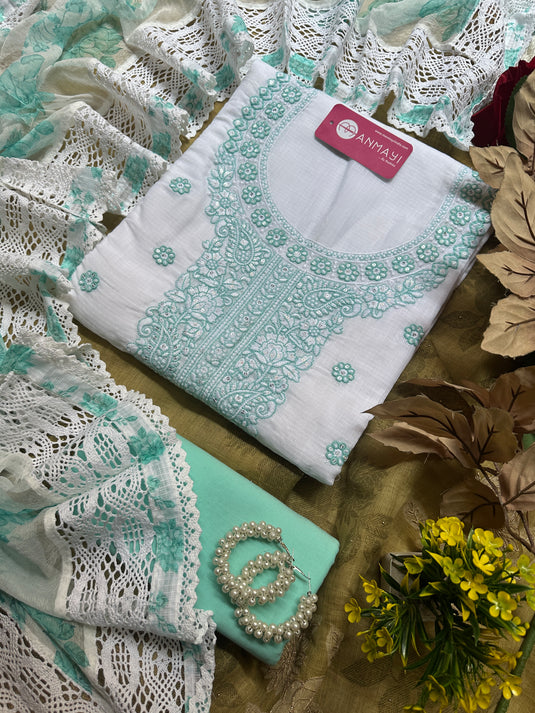 Ivory base chikankari work suit sets with chiffon printed crochet work dupatta