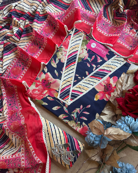 V neck printed floral suit set with print cotton salwar