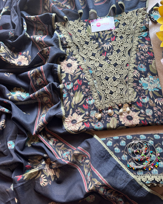 Crochet work pure cotton floral suit set with cotton dupattas