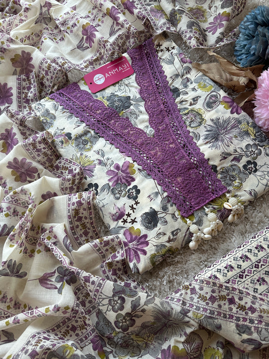 Crochet lace pure cotton cream base floral suit set with tassels