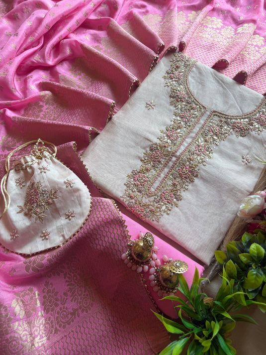 Chanderi silk combination Banarasi dupatta potli suit set
