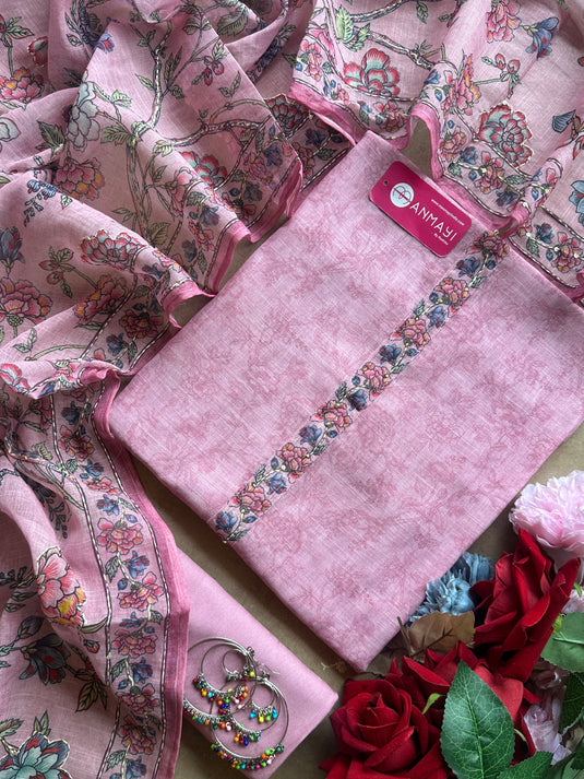 Linen suit set with printed Kantha embroidered dupatta