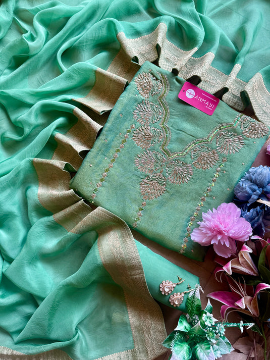 Zardosi work shimmer silk suit set with Banarasi border dupatta