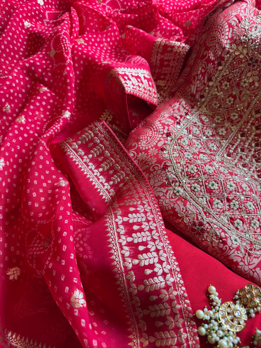 Brocade silk pita pearl work suit set with Banarasi Georgette dupatta