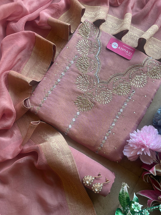 Zardosi work shimmer silk suit set with Banarasi border dupatta