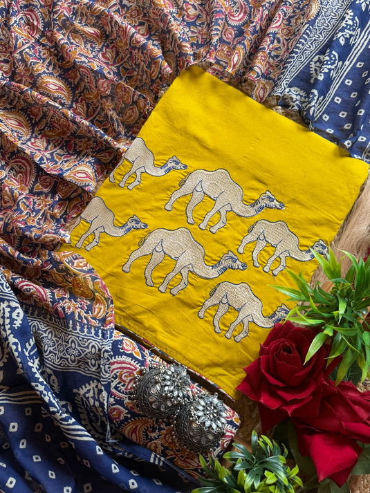 Cotton camel motif suit set with Ajrakh cotton dupatta and bottom