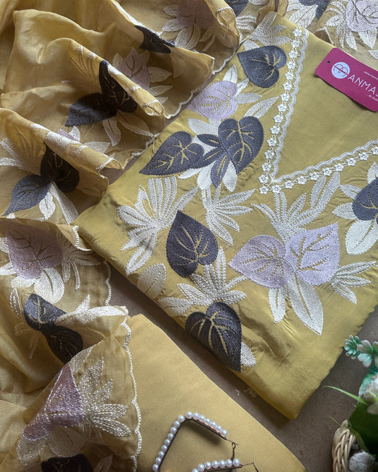 Mul Chanderi leafy embroidered suit set