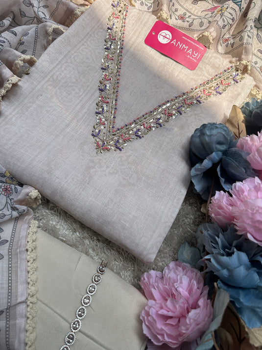 Ivory linen embroidered v neck suit set with digital print dupatta