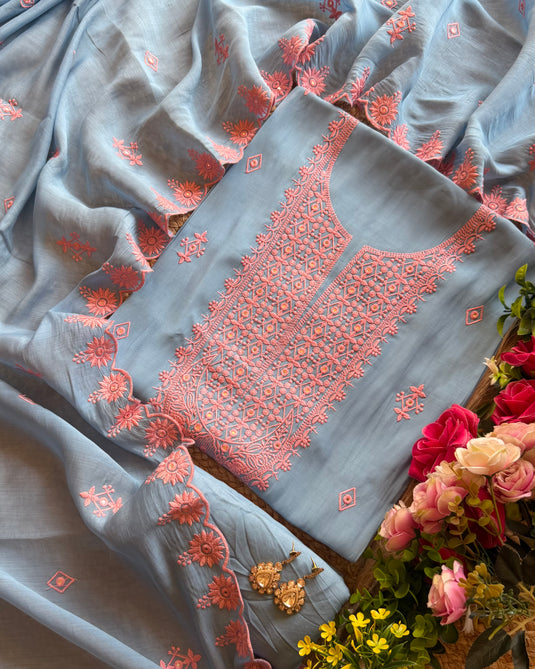 Phulkari work mul chanderi suit set
