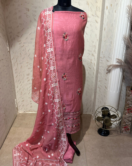 French knots rose work Maheshwari suit set with Jamdani Kantha work dupatta