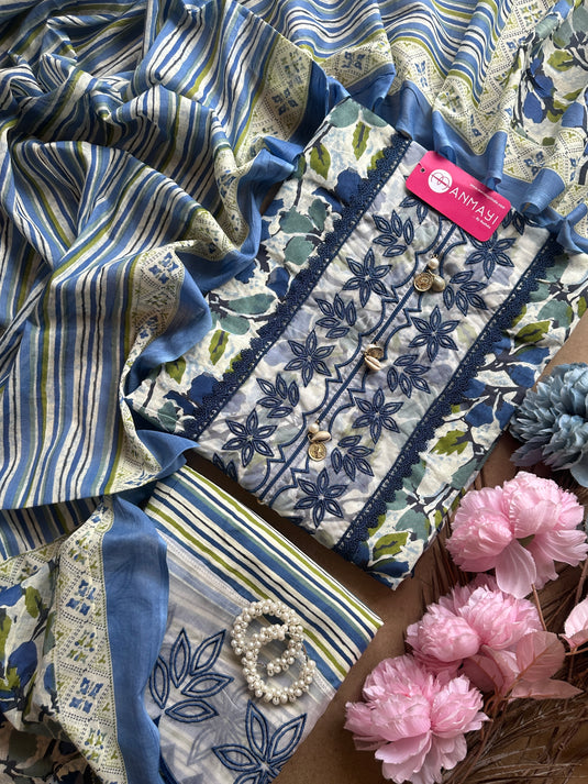 Organza patch floral print pure cotton suit with shell neck