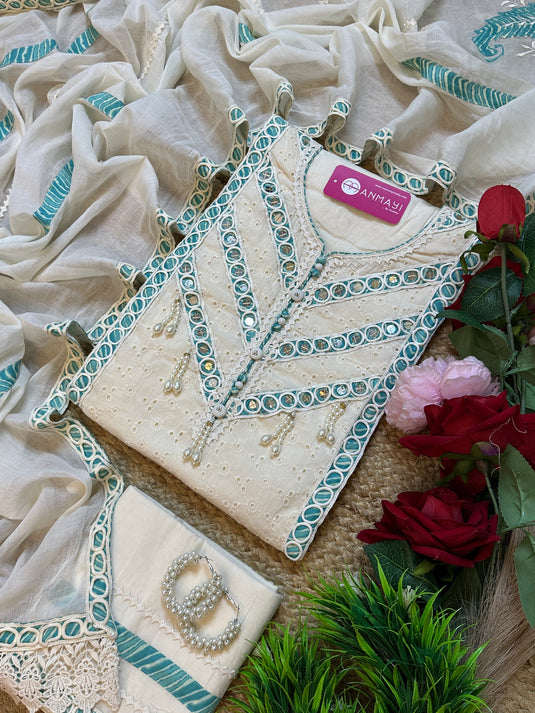 Hakooba cotton pearl and mirror detail cream cotton suit