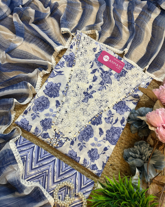 Crochet mirror v neck printed floral suit with chiffon dupatta