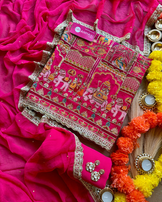 Semi crepe Dori highlight Mughal print suit set