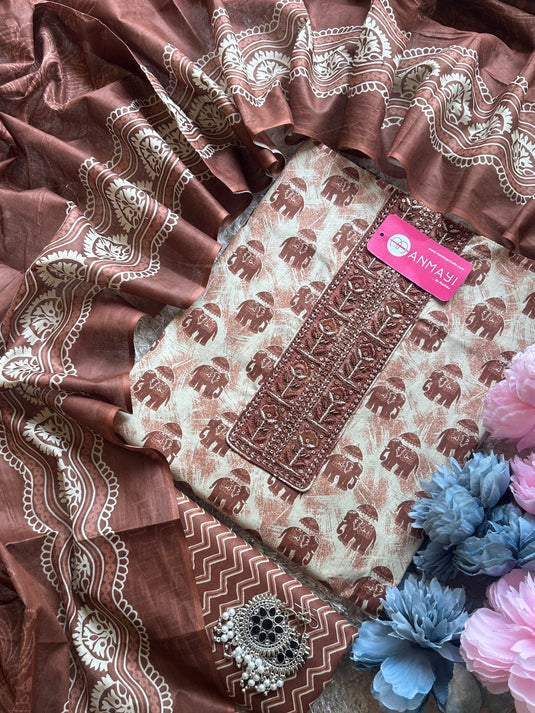 Elephant print cambric cotton suit set with cotton dupatta