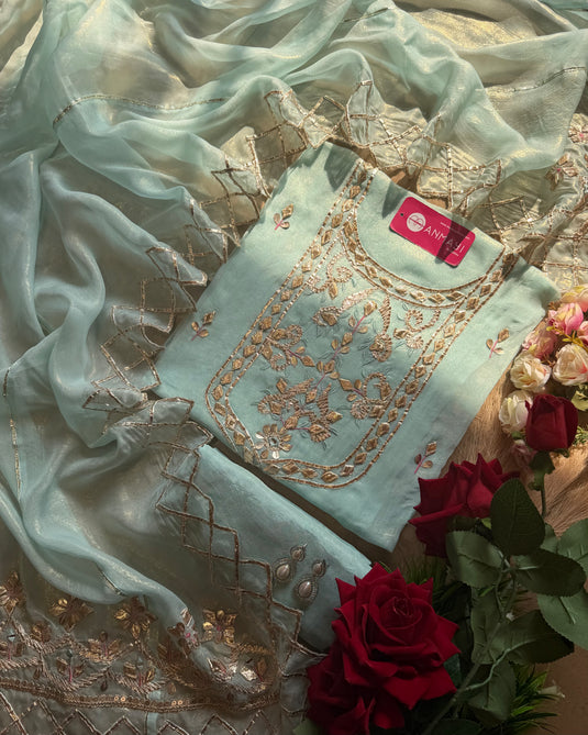 Pastel Gotta Work Organza suit set with shimmer effect