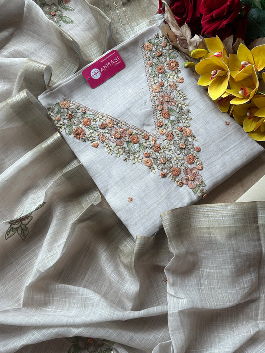 Linen french knot work beige suit set