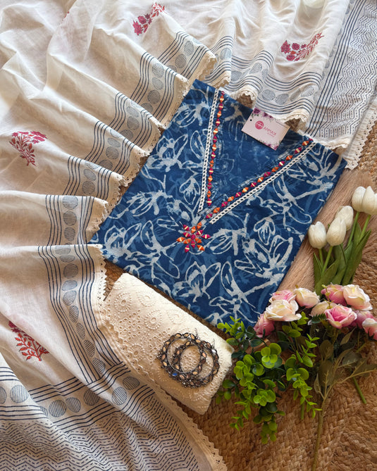 Indigo batik mirror neck pure cotton suit set