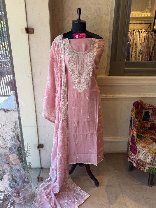 White dori work soft mul chanderi suit set