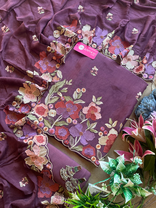 Floral affair soft muslin silk suit set with chinnon dupatta