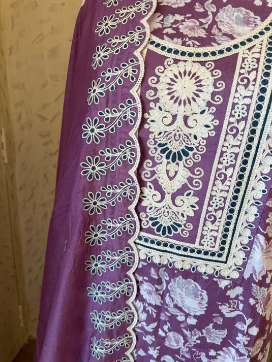 Printed cambric cotton white Dori work suit set