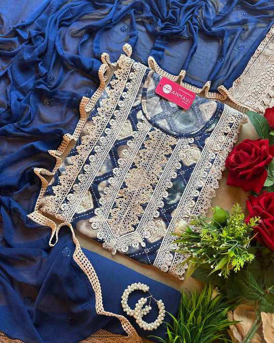 Pakistani crochet patterned cotton suit set with embroidered chiffon dupatta