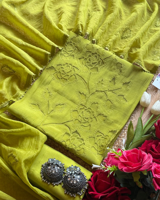 Modal work Mul Chanderi net applique cutwork suit set