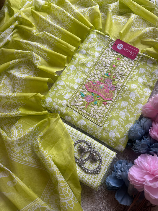 Cambric cotton bright embroidered neck suit set
