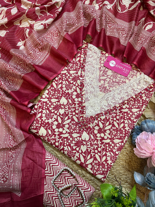 Bright and shine cambric cotton neck detail suit set