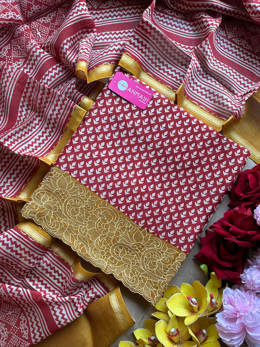 Block print pure 70 gms Chanderi suit set with embroidered borders