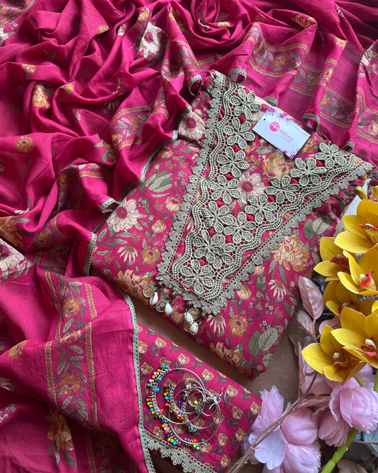 Crochet work pure cotton floral suit set with cotton dupattas