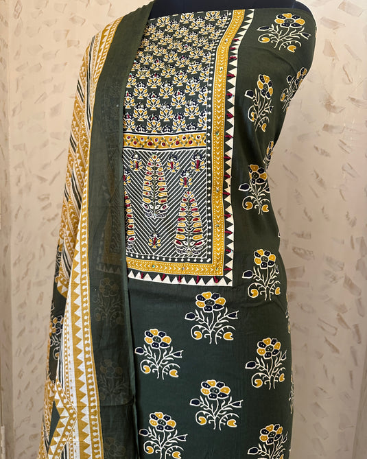 Ajrakh print glazed cotton suit set with embroidered neck