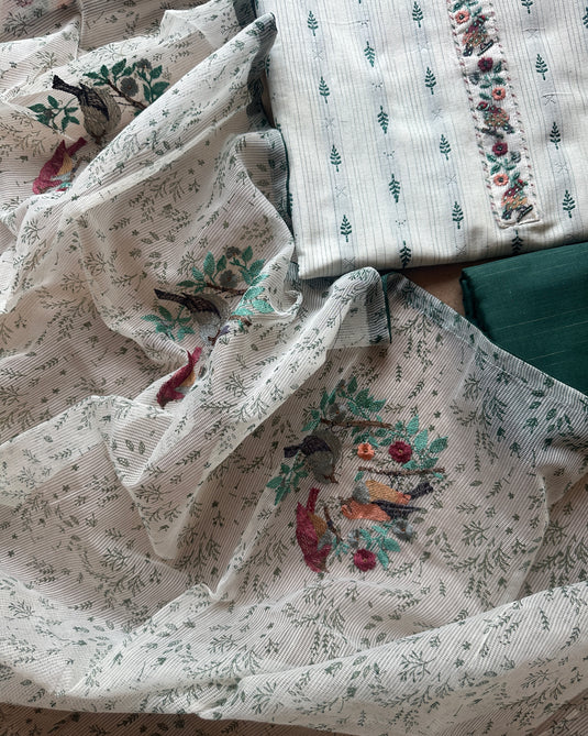 Pure cotton white green combination suit set with embroidered Kota dupatta