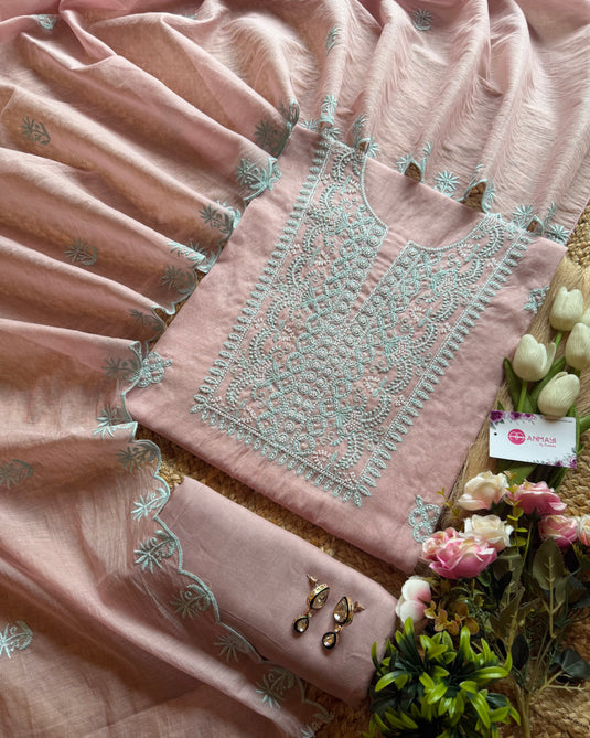 Little pearl lucknawi work Mul Chanderi suit set