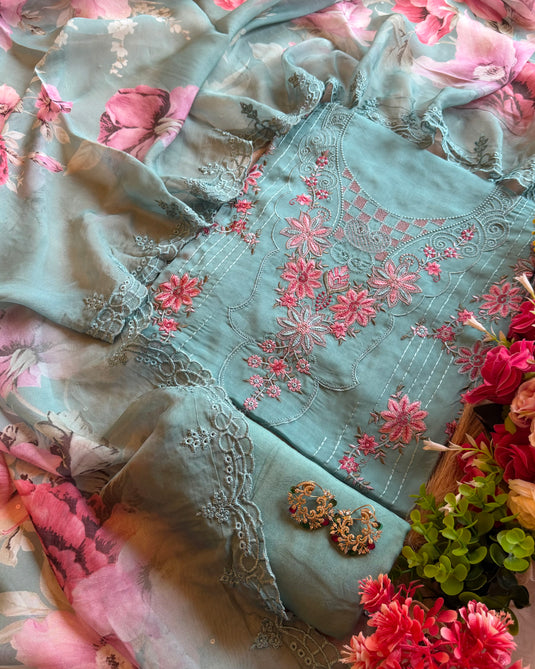 Pakistani threads work soft organza suit set