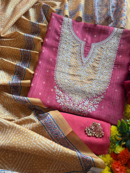 Patched bandhani Dori art Tussar silk suit set