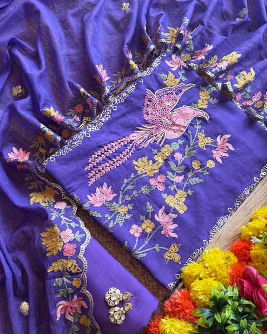 Hummingbird Floral Embroidery Mul Chanderi suit set