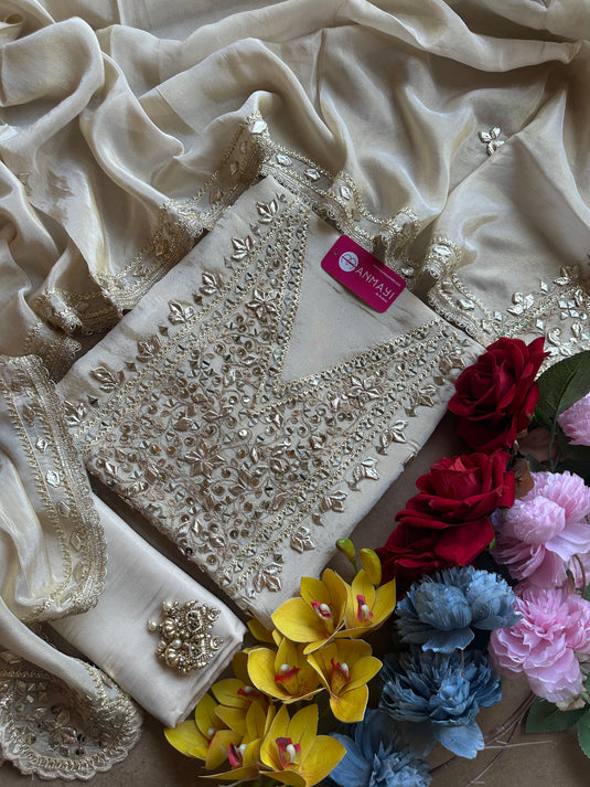 Shimmer tissue gotta mirror work suit set with cutwork dupatta