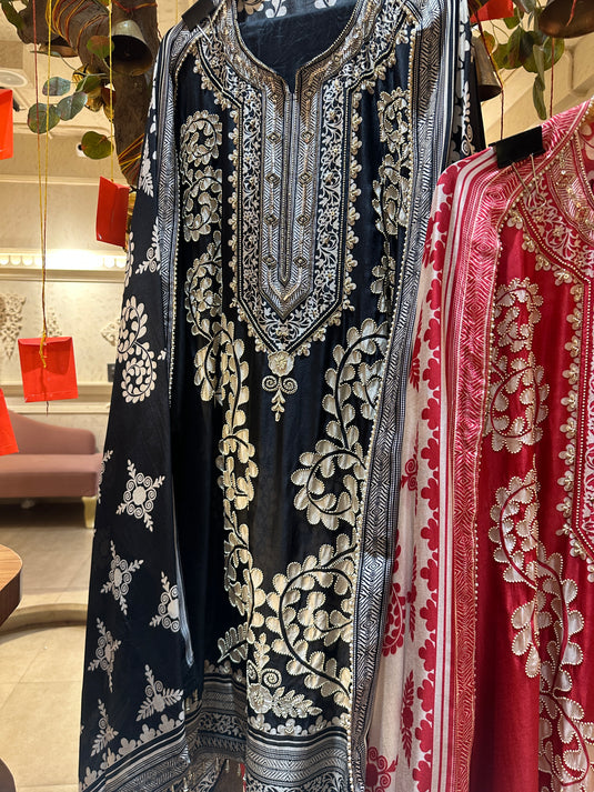 Floral patterned pearl highlight raw silk suit set