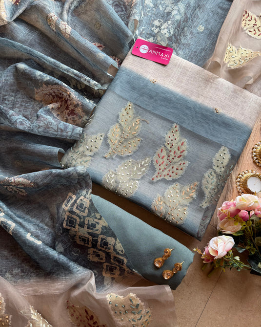 Jamdani silk suit set with organza patch and French knots neck