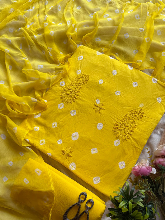 Handcrafted Bandhani soft cottons Karachi work suit set with chiffon dupatta