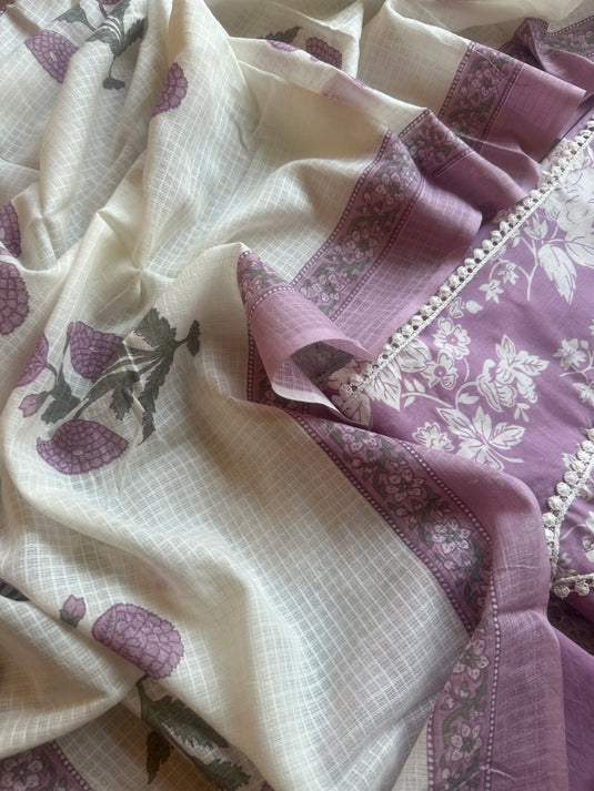 Pure cotton floral lace work suit with soft kota doria dupatta