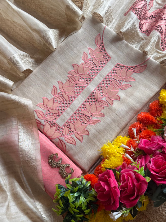 Shimmer linen cutwork beige suit set