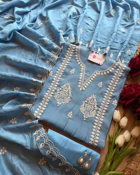 Mul Chanderi white thread work ice blue suit set
