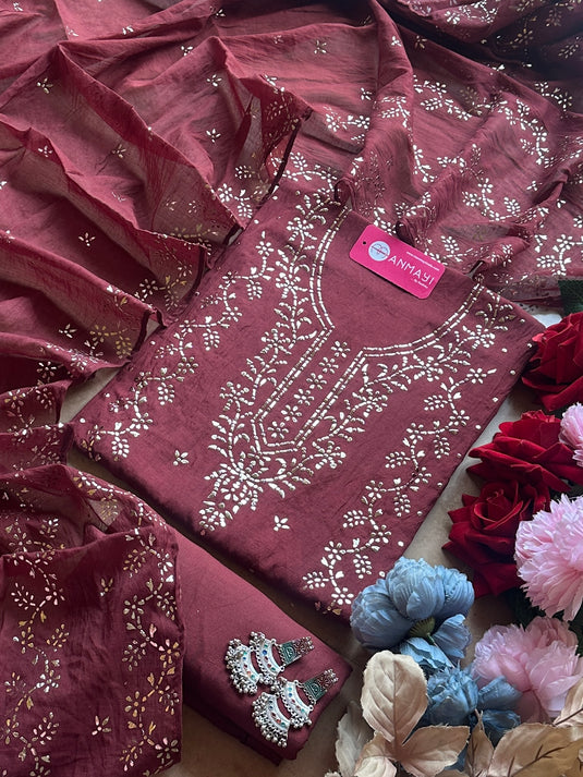 Mul Chanderi bridal shades Mukaish work suit set