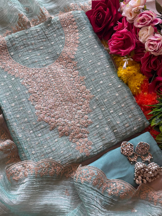 Light crushed soft organza suit set with gold Dori work