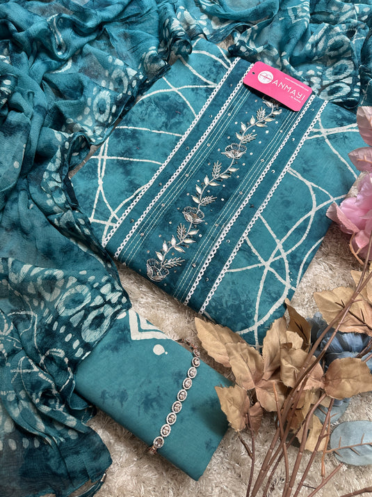 Thread batik pure cotton suit set with pure chiffon tassel dupatta