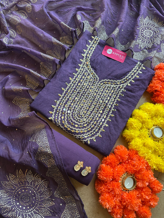 Mirror work mul chanderi suit set with mukaish dupatta